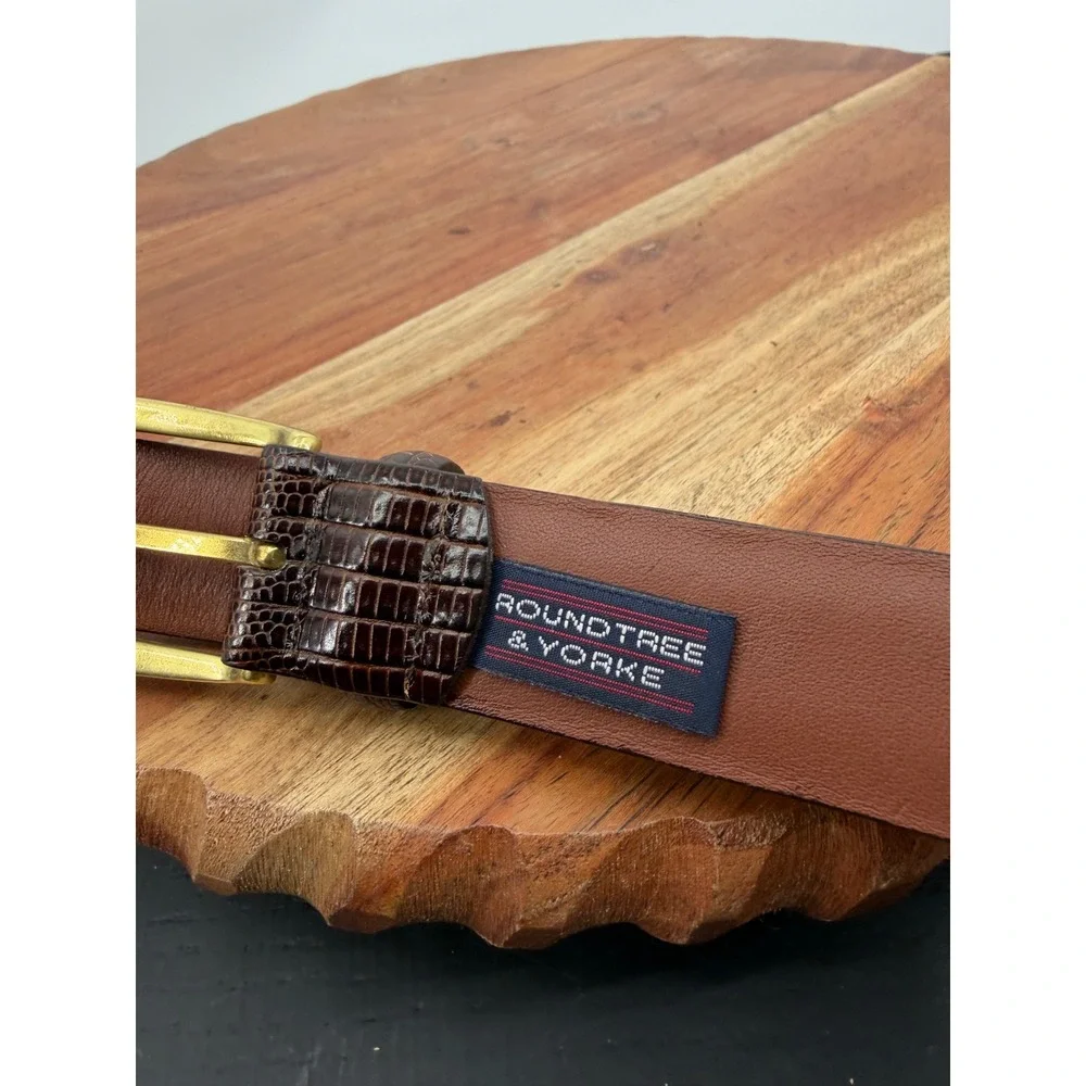 Roundtree & Yorke Italian Calfskin Belt Mens 44 Brown Lizard Embossed Brass